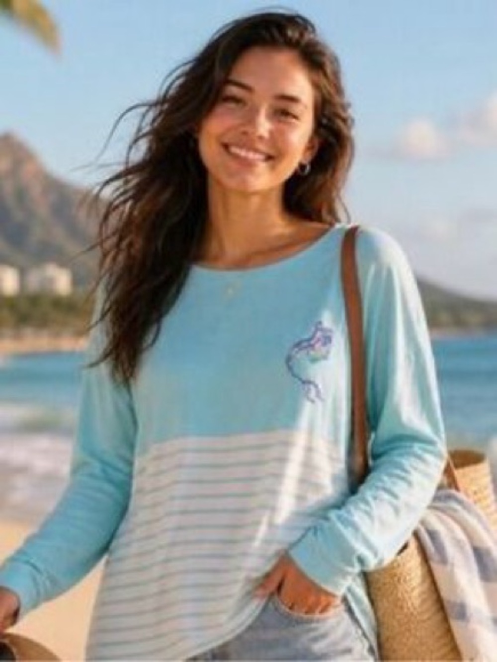 Lilly Pulitzer Mint & White Long Sleeve Stripe Tee with Mermaid